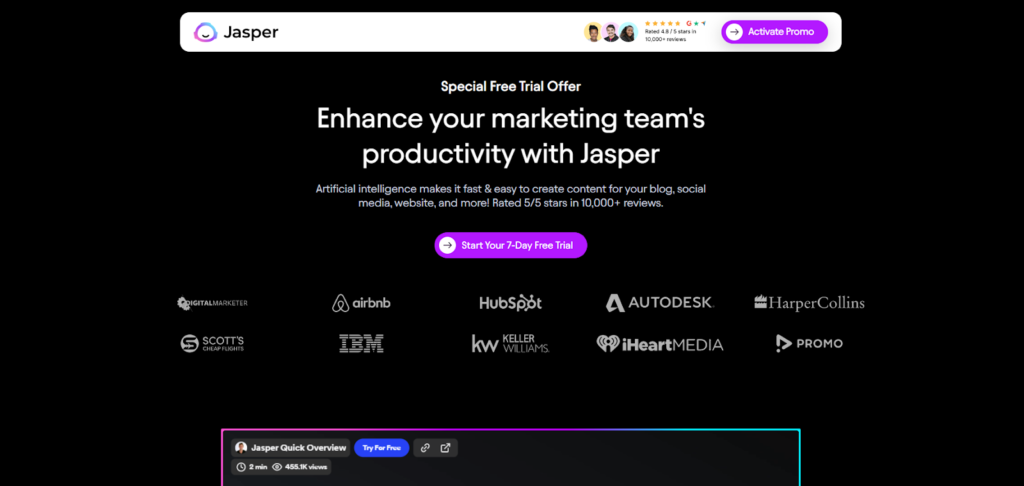 Jasper.ai homepage - Best AI Script Generators