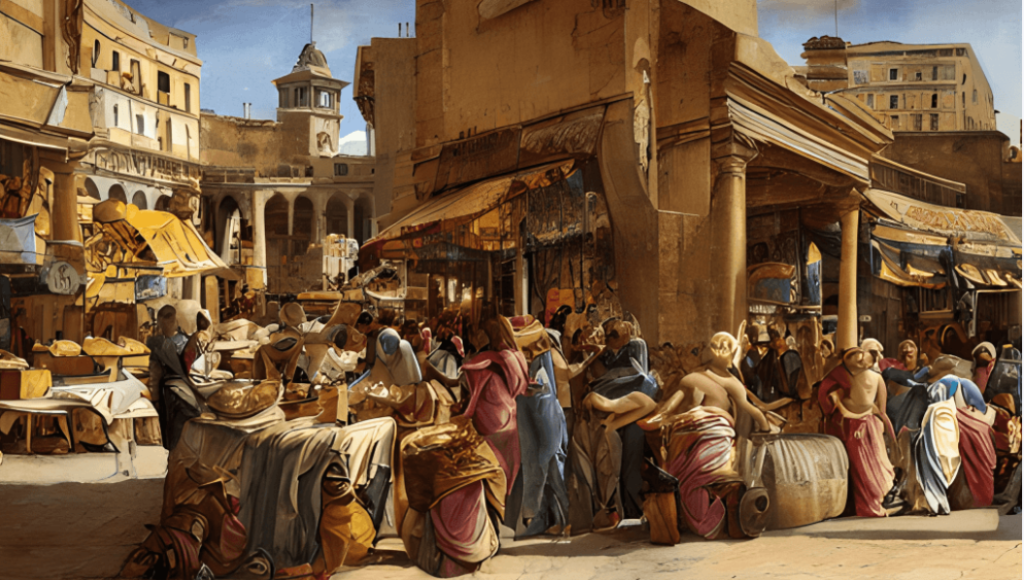 A lively marketplace in ancient Rome, full of merchants, shoppers, and colorful goods - AI Art Prompt Ideas