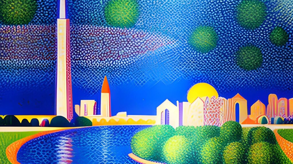 Modern cityscape in the pointillist style of Georges Seurat - AI Art Prompt Ideas