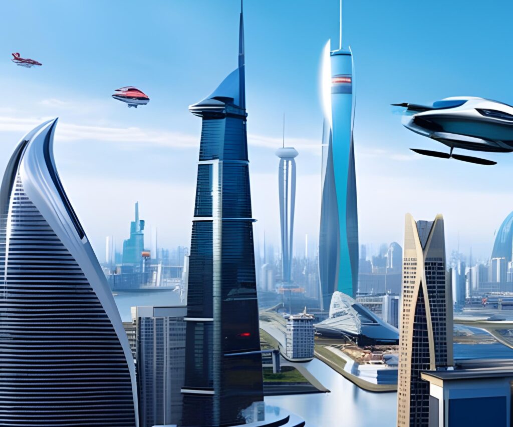 A futuristic cityscape with towering skyscrapers and flying cars - AI Art Prompt Ideas