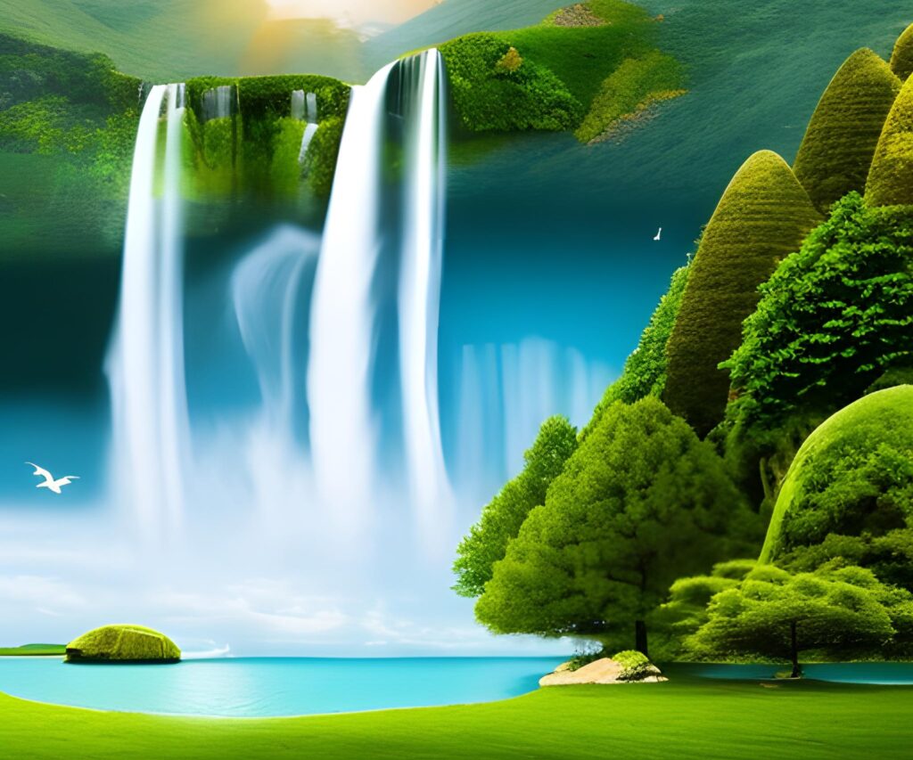 A surreal landscape with floating islands and waterfalls that flow upwards - AI Art Prompt Ideas